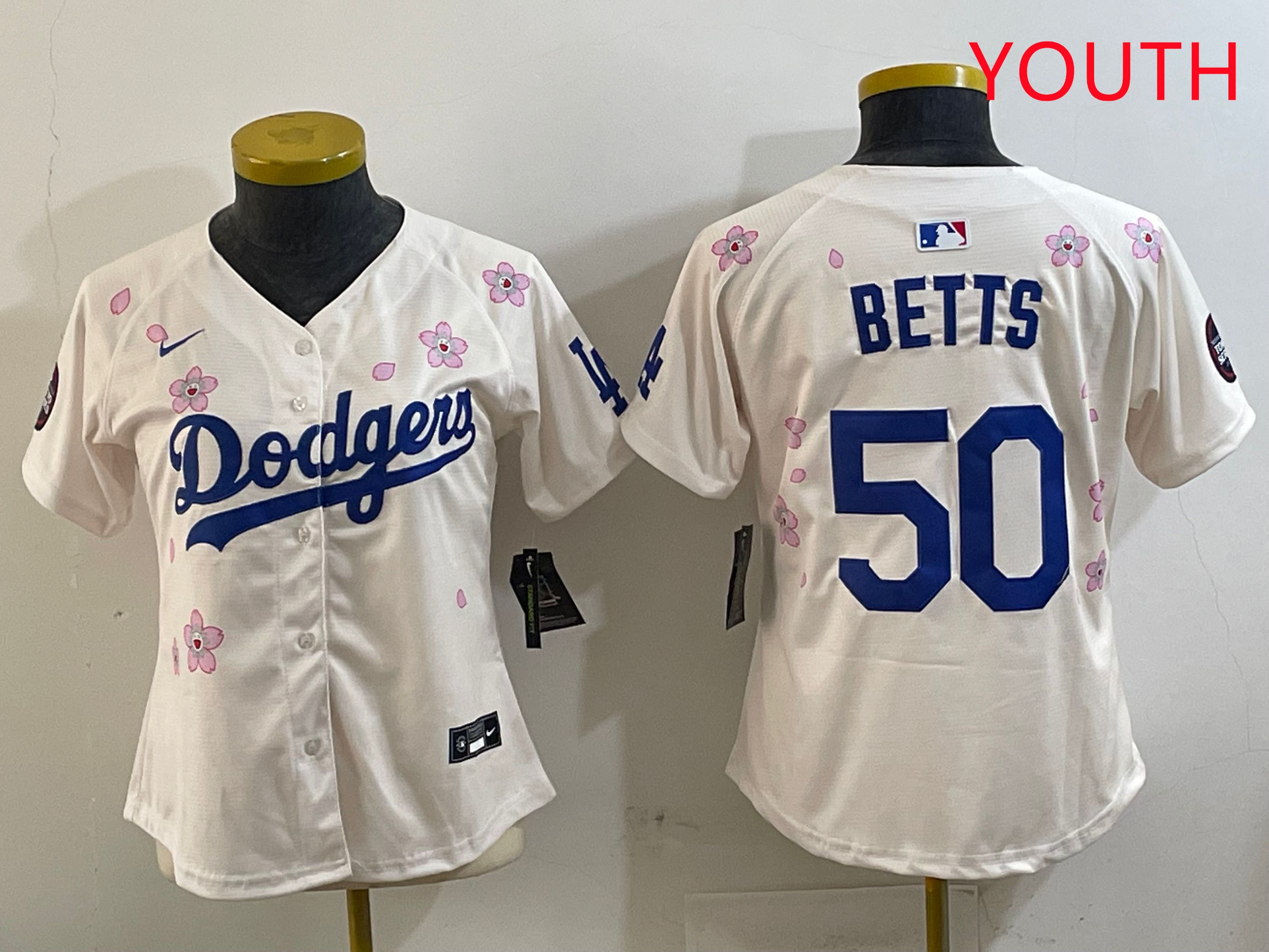 Youth Los Angeles Dodgers #50 Betts Cream Sakura Edition 2025 Nike MLB Jersey style 1